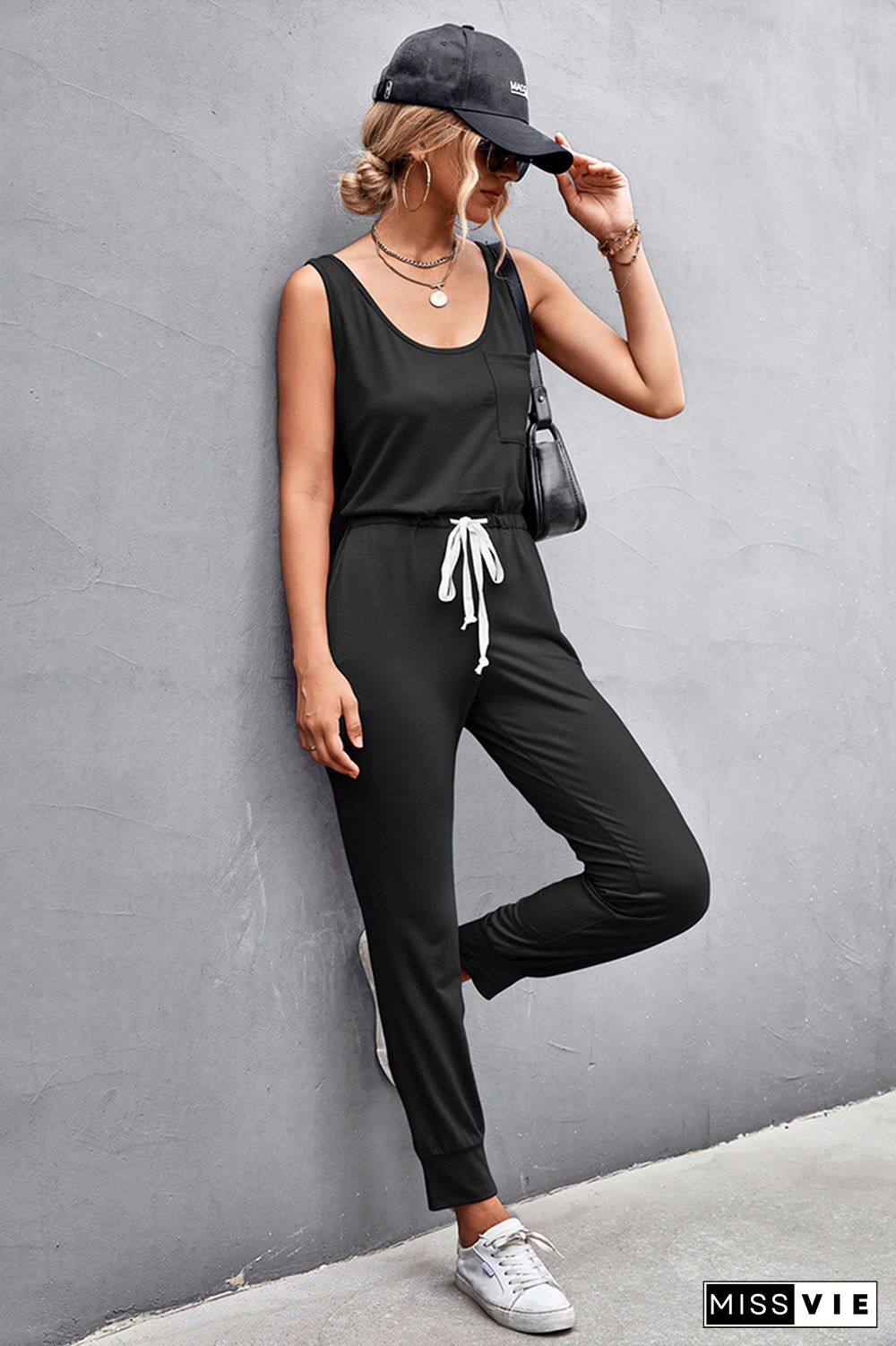 Strap U Neck Sleeveless Drawstring Waist Jumpsuit Wholesale