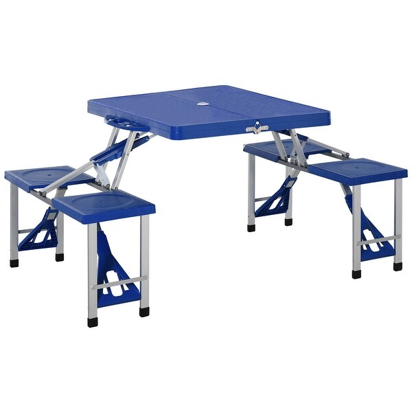 Portable Folding Picnic Table with Seats and Umbrella Hole， Blue