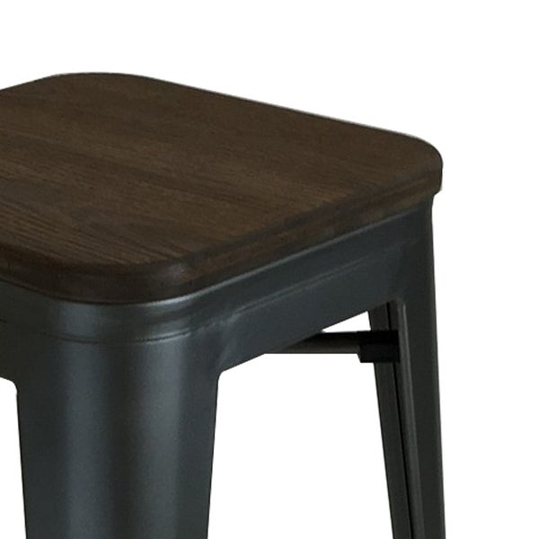 Gene 24 Inch Counter Stool with Industrial Wood Seat， Black Metal Frame