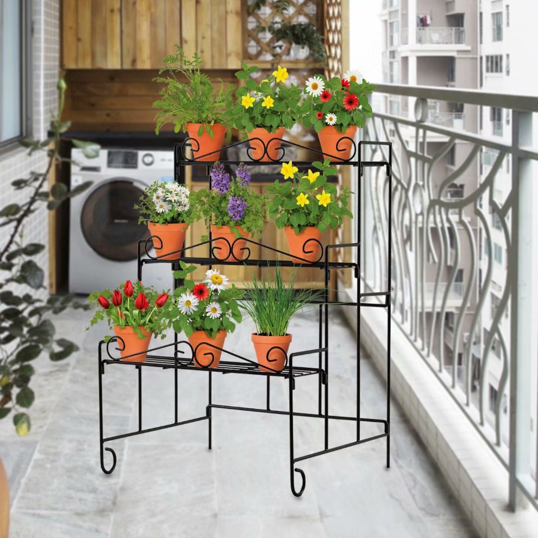 Cerbior 3-Layer Foldable Metal Plant Stand Black Rectangle Flower Pot Rack Holder