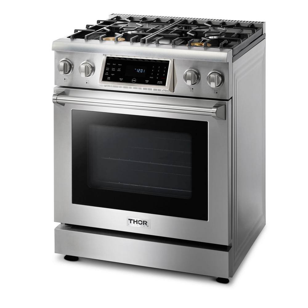 Thor Kitchen Tilt Panel 30-in 4 Burners Freestanding Gas Range with self-cleaning convection oven in Stainless Steel TRG3001