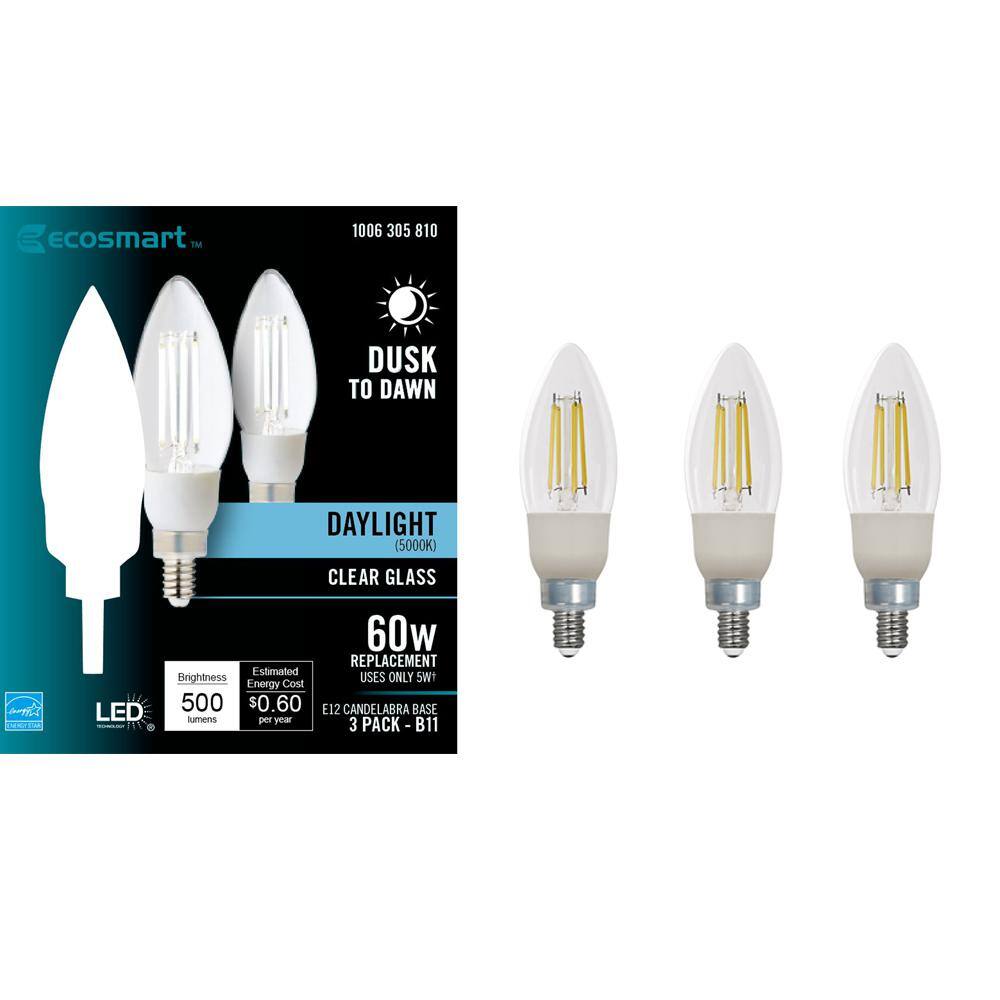 EcoSmart 60-Watt Equivalent B11 E12 Candelabra CEC Cage Filament Dusk to Dawn LED Vintage Edison Light Bulb Daylight (3-Pack) B11C5LNE12950Z