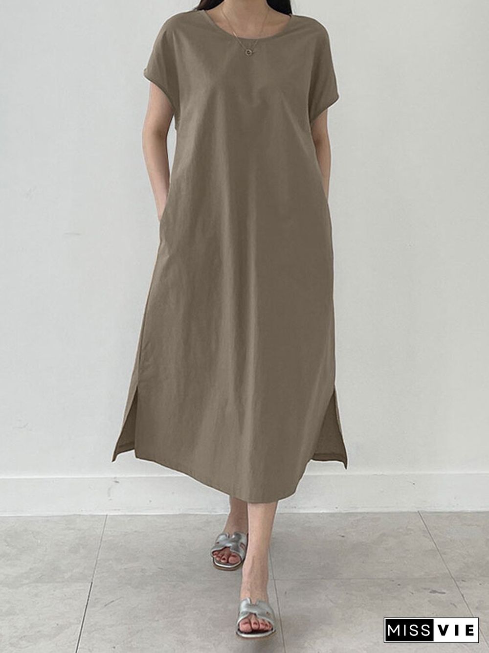 Cotton Solid Split Pocket Short Sleeve Casual Midi Dress