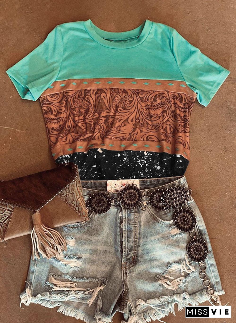 Green Marble Print Buckstitch Splicing Color Block T-shirt