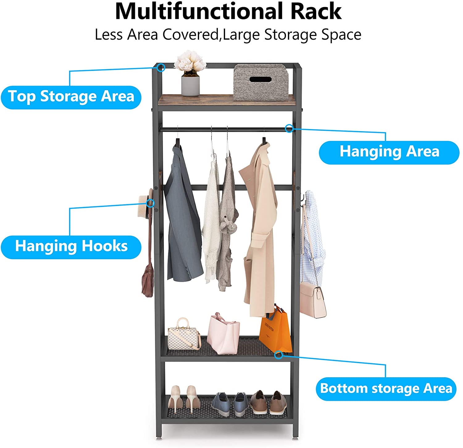 Tribesigns Rustic Hall Tree， Entryway Clothes Rack with with shoe storage Hanging Bar and Hooks for Bedroom