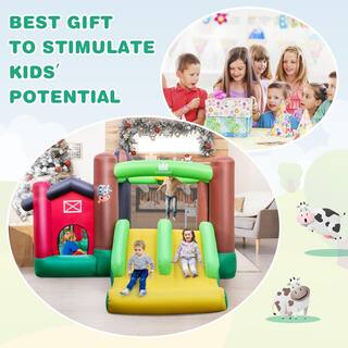 Costway Farm Themed Inflatable Castle Kids Bounce House with Double Slides and 750-Watt Blower NP10750+ES10151US