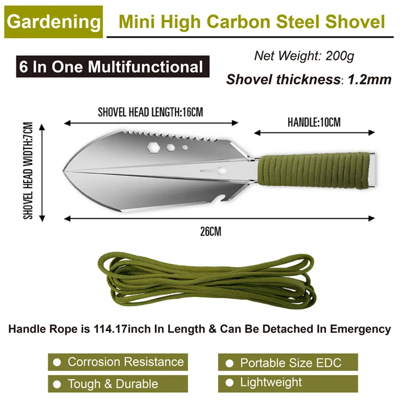 garden hand tools mini shovel with detachable nylon rope handle planting digging trowel camping shovel multitool backpacking