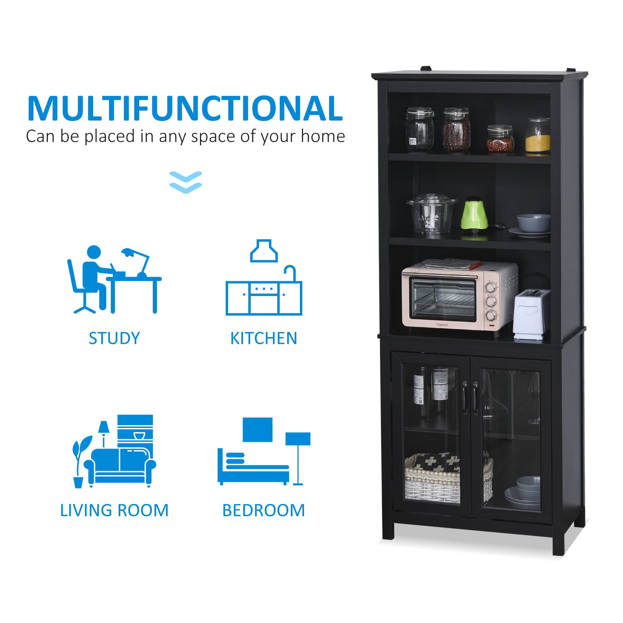 HomCom Multifunctional Storage Cabinet Bookcase with Adjustable Shelves Display Rack for Study, Kitchen, Living Room, Black