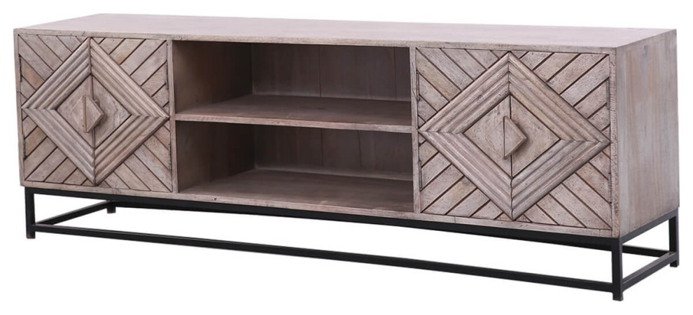 Dunkeld Rustic Solid Wood 4 Doors Iron Base Large TV Bench Cabinet   Industrial   Entertainment Centers And Tv Stands   by Sierra Living Concepts Inc  Houzz