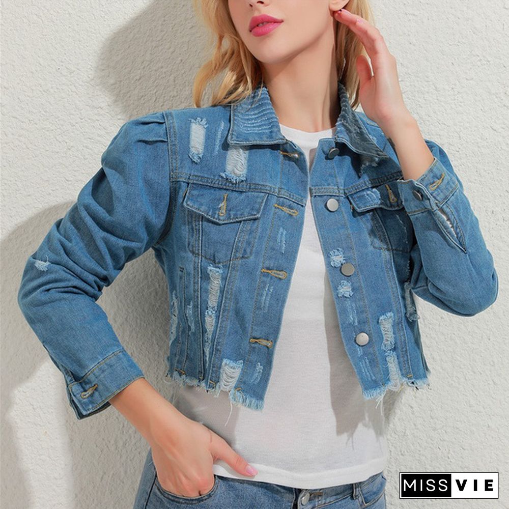 Women Ripped Denim Jackets Vintage Casual Short Jean Jacket Puff Sleeve Female Coat Streetwear