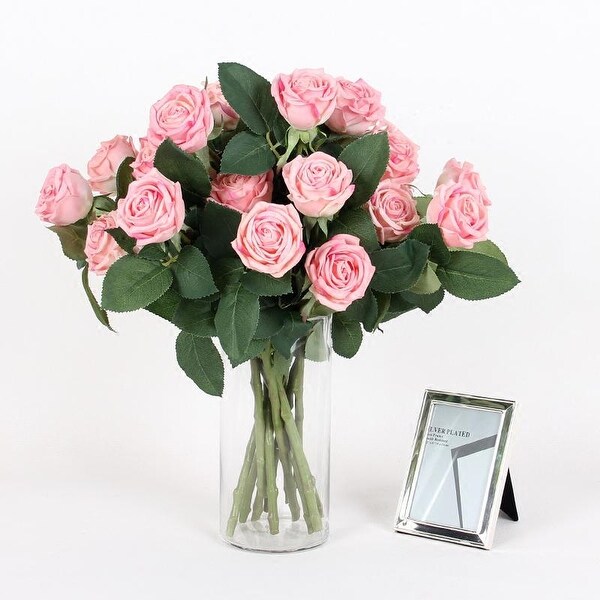 FloralGoods Real Touch 2 Rose Bloom Short Stem in Light Pink 15 Tall