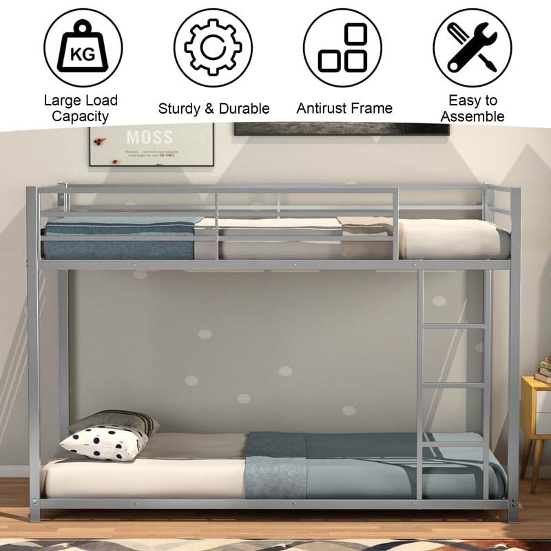 Metal Bunk Bed Twin Over Twin, Classic Bunk Bed Frame Platform with Side Ladder & Safety Guardrail