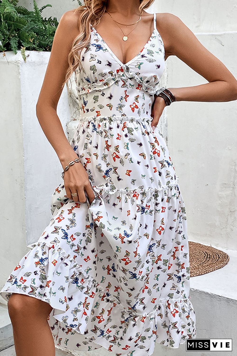 Butterfly Print Tiered Spachetti Dress