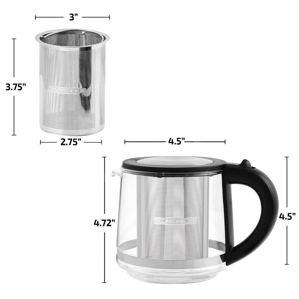 OVENTE 7.2-Cup Stainless Steel Electric Glass Kettle with ProntoFill Technology and 27-Oz. Reusable Teapot with Infuser Bundle KG733S + FGK27B