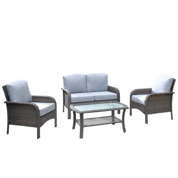 HOOOWOOO Outdoor 4piece Wicker Conversation Sofa Set with Glass Coffee Table