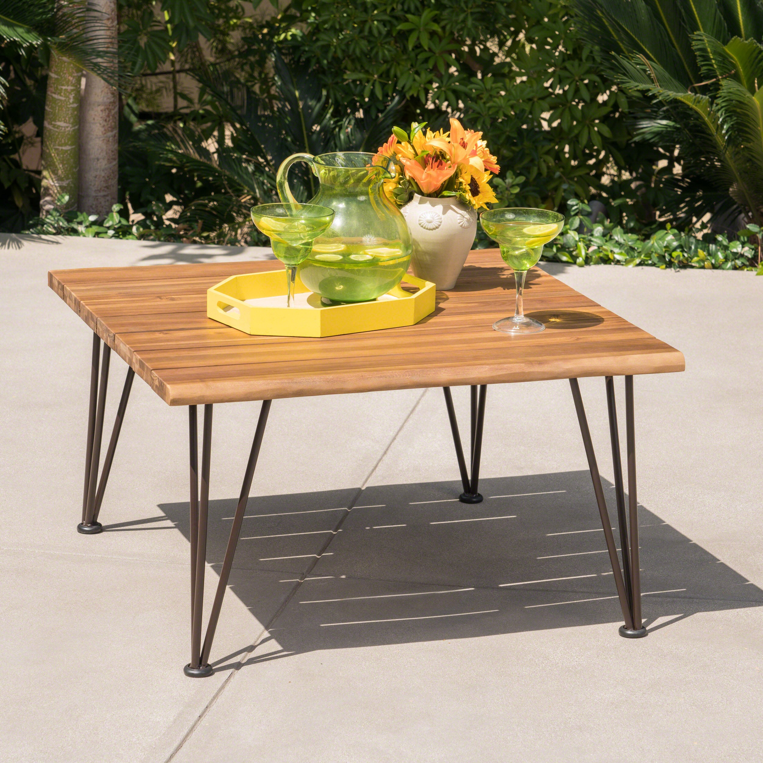 Avy Outdoor Rustic Industrial Acacia Wood Coffee Table with Metal Hairpin Legs, Teak