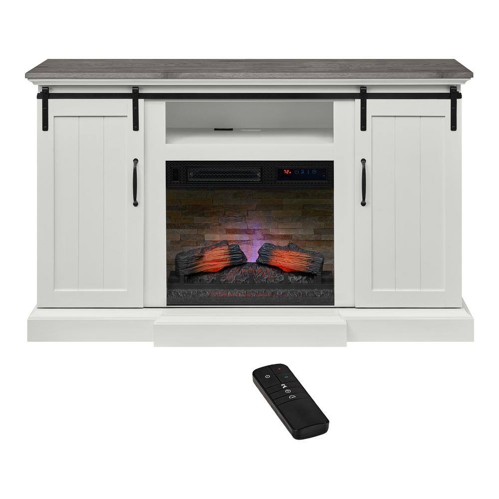 Home Decorators Collection Kerrington 60 in W. Freestanding Media Console Electric Fireplace TV Stand in White with Gray Top 150724