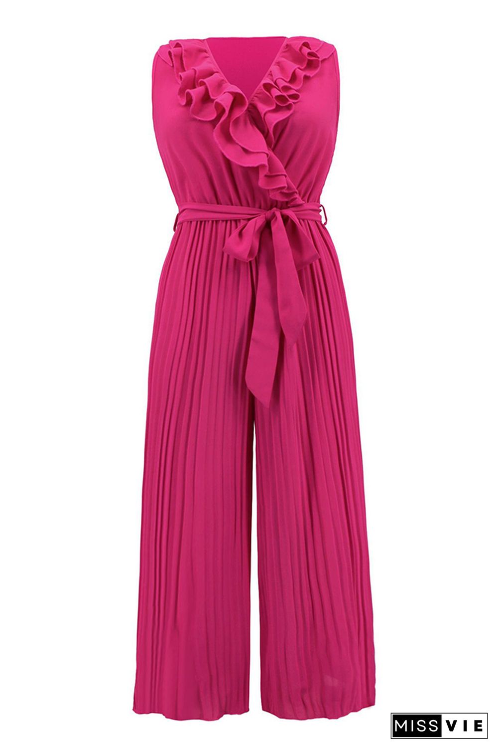 V Neck Ruffles Pleated Sleeveless Jumpsuit