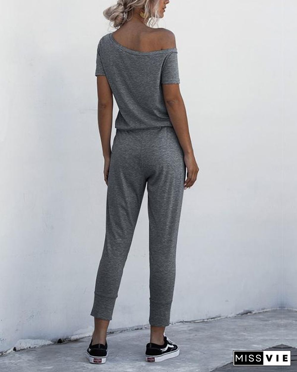 Asymmetric Neck Drawstring Waist Jumpsuit