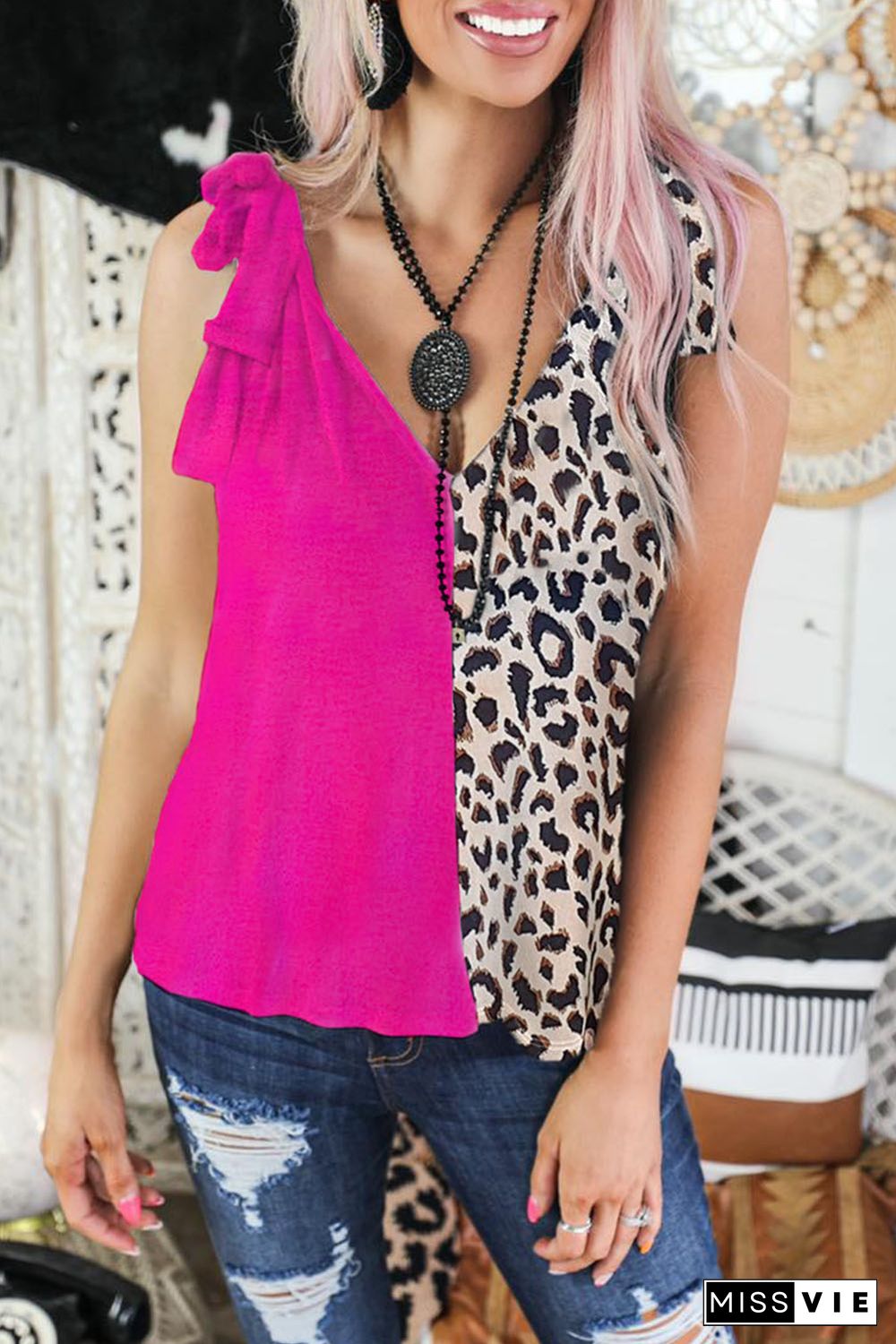 Rose Leopard Patchwork Tie Strap Tank Top