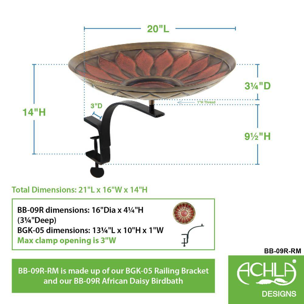 Achla Designs 16 in. W Antique and Patina Red African Daisy Birdbath with Rail Mount Bracket BB-09R-RM