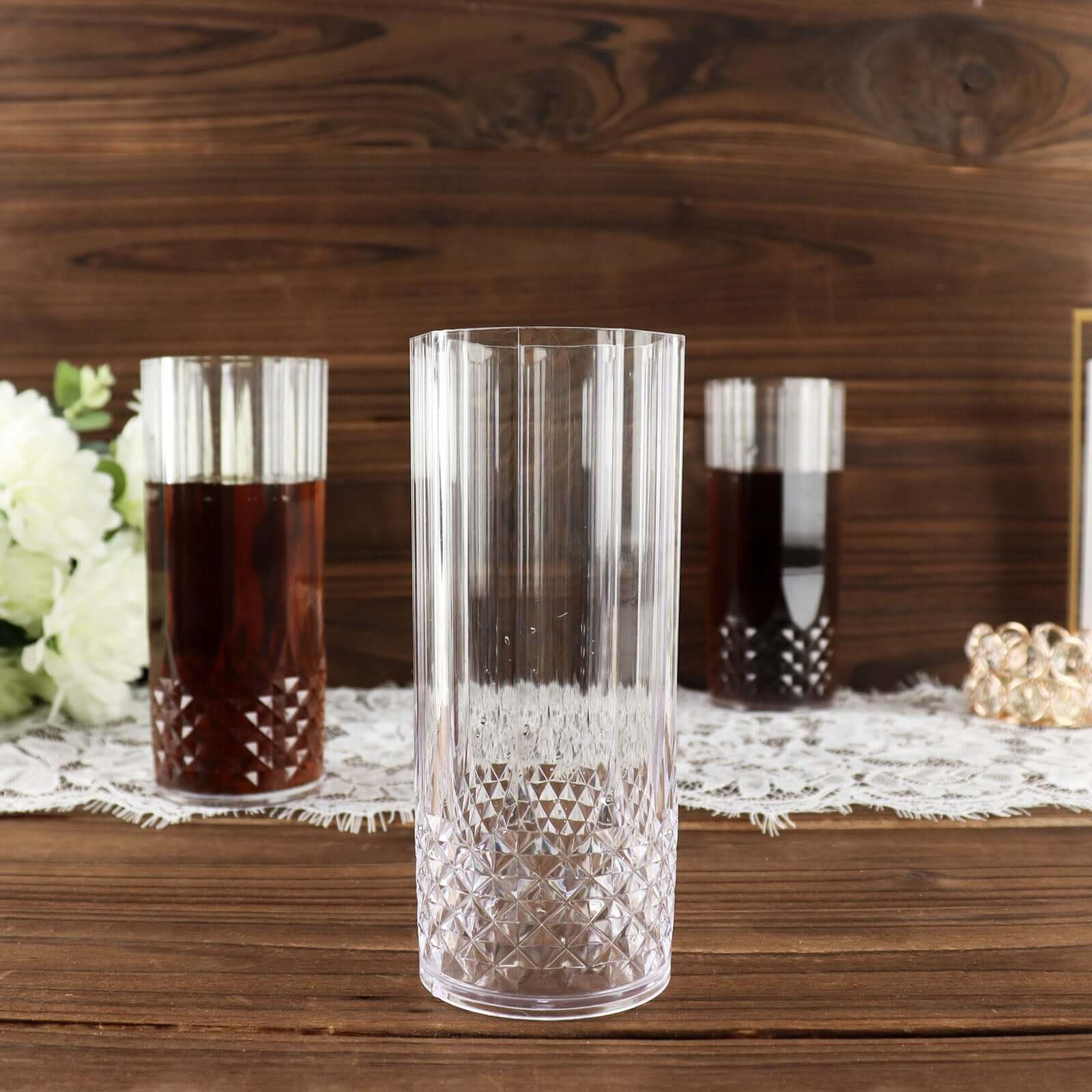 6 Pack Clear Crystal Cut Reusable Plastic Highball Drinking Glasses, Shatterproof Cocktail Tumblers 14oz