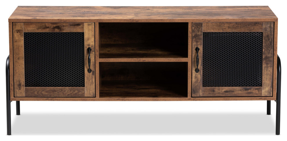 Odile Industrial Walnut Brown Wood and Black Metal   Industrial   Entertainment Centers And Tv Stands   by Baxton Studio  Houzz