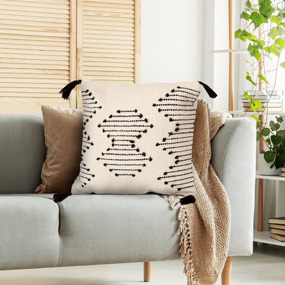 18 x 18 Square Cotton Accent Throw Pillow  Abstract Line Art  Bohemian Style Tassels  Set of 2  White  Black