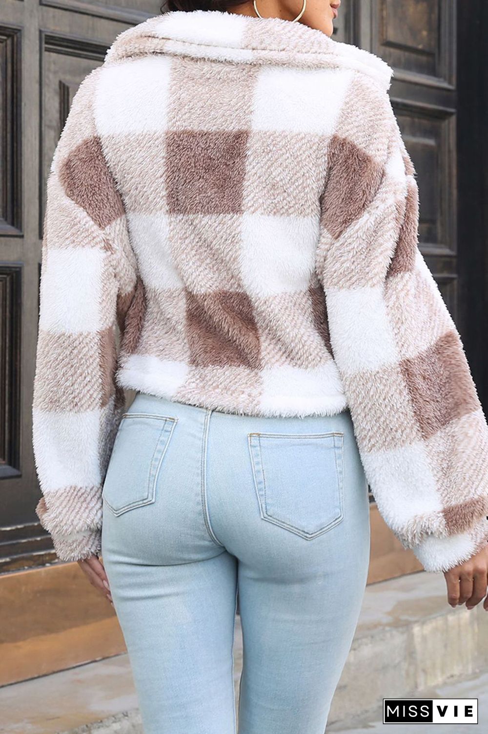 Open Button Fleece Plaid Crop Jackets