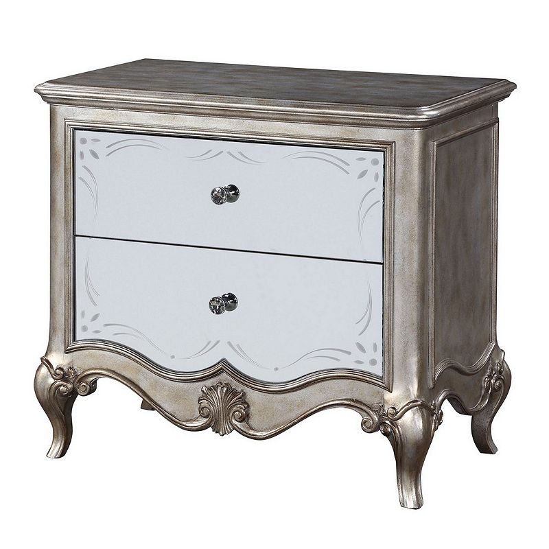 Nightstand with Mirror Front and Molded Trim， Antique Silver