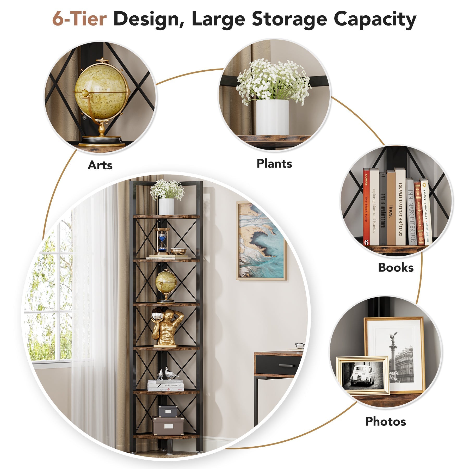 6-Tier Corner Shelf Small Bookshelf Storage Rack for Small Space