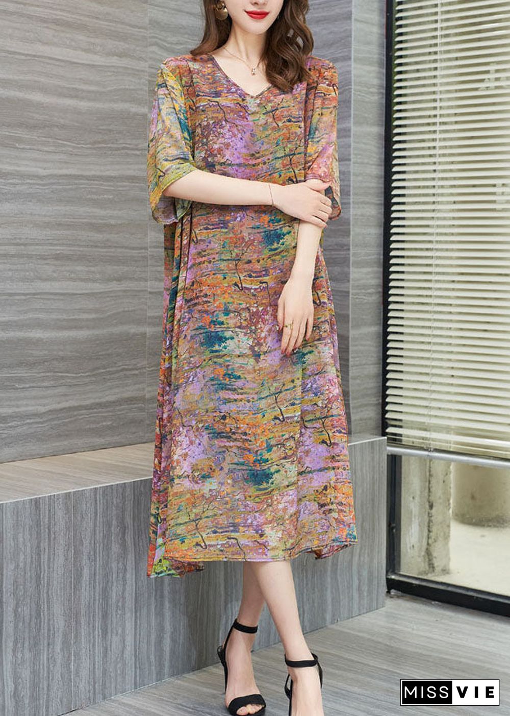 New Floral V Neck Patchwork Chiffon Mid Dress Summer