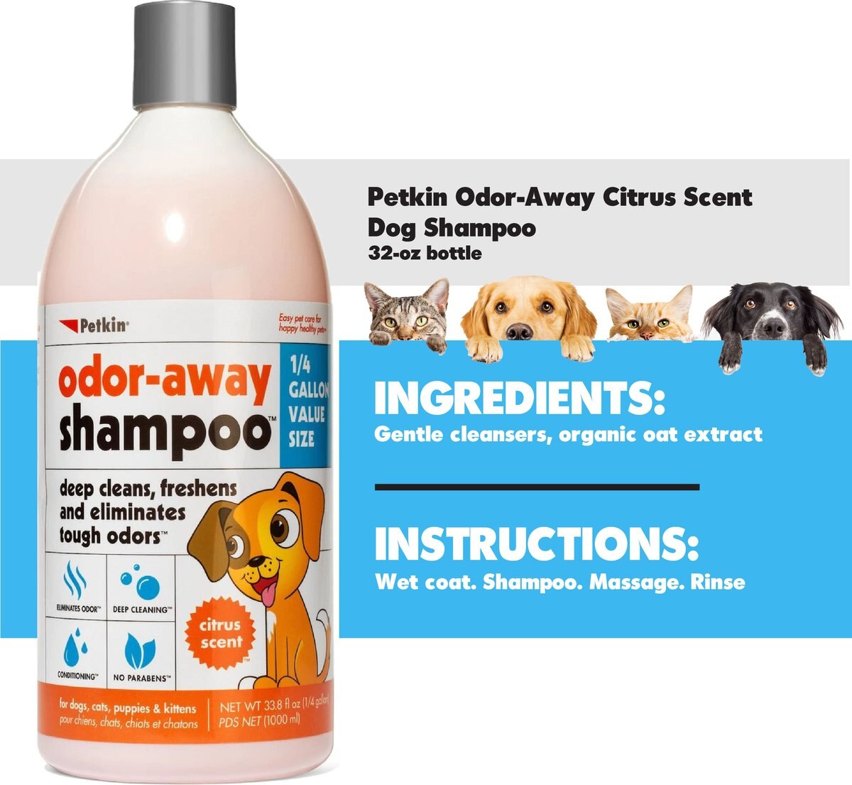 Petkin Odor-Away Citrus Scent Dog Shampoo， 32-oz bottle