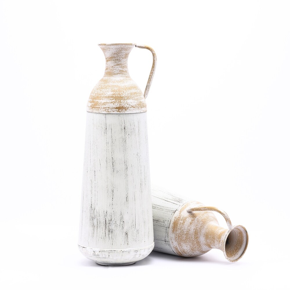 Distressed Off White and Rustic Brown Metal Pitcher Vase (Set of 2)
