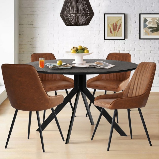 43 x27 x27 Jones Solid Black Grain Round Dining Table With 4 Upholstered Faux Leather Tiny Armchairs With Metal Legs the Pop Maison