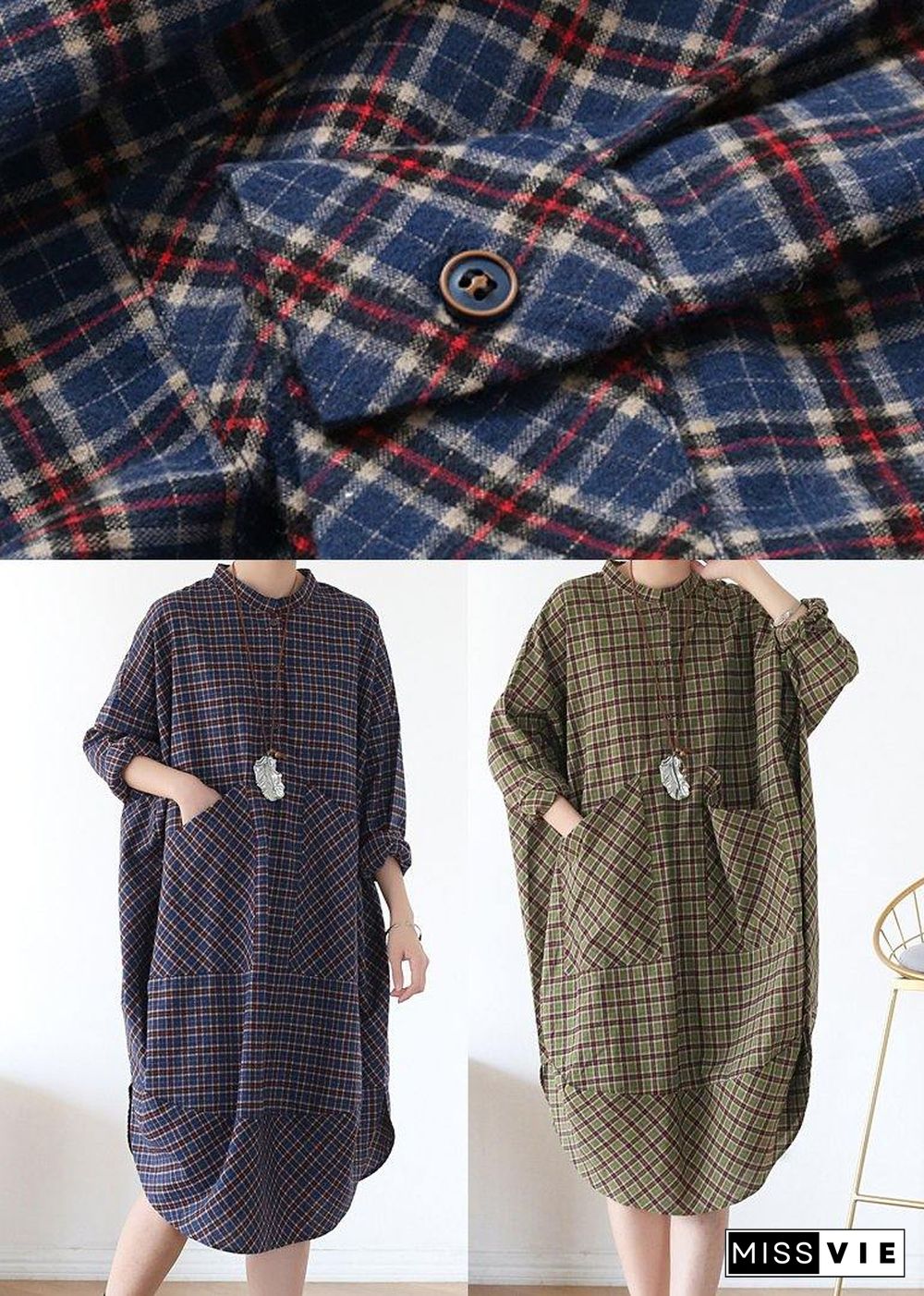 Women Green Plaid Long Shirt Mid Spring Cotton Dress