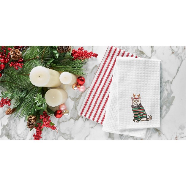 X 18 quot Cat Wearing Christmas Sweater And Reindeer Ears Embroidered amp Waffle Weave Cotton Kitchen Dish Towel