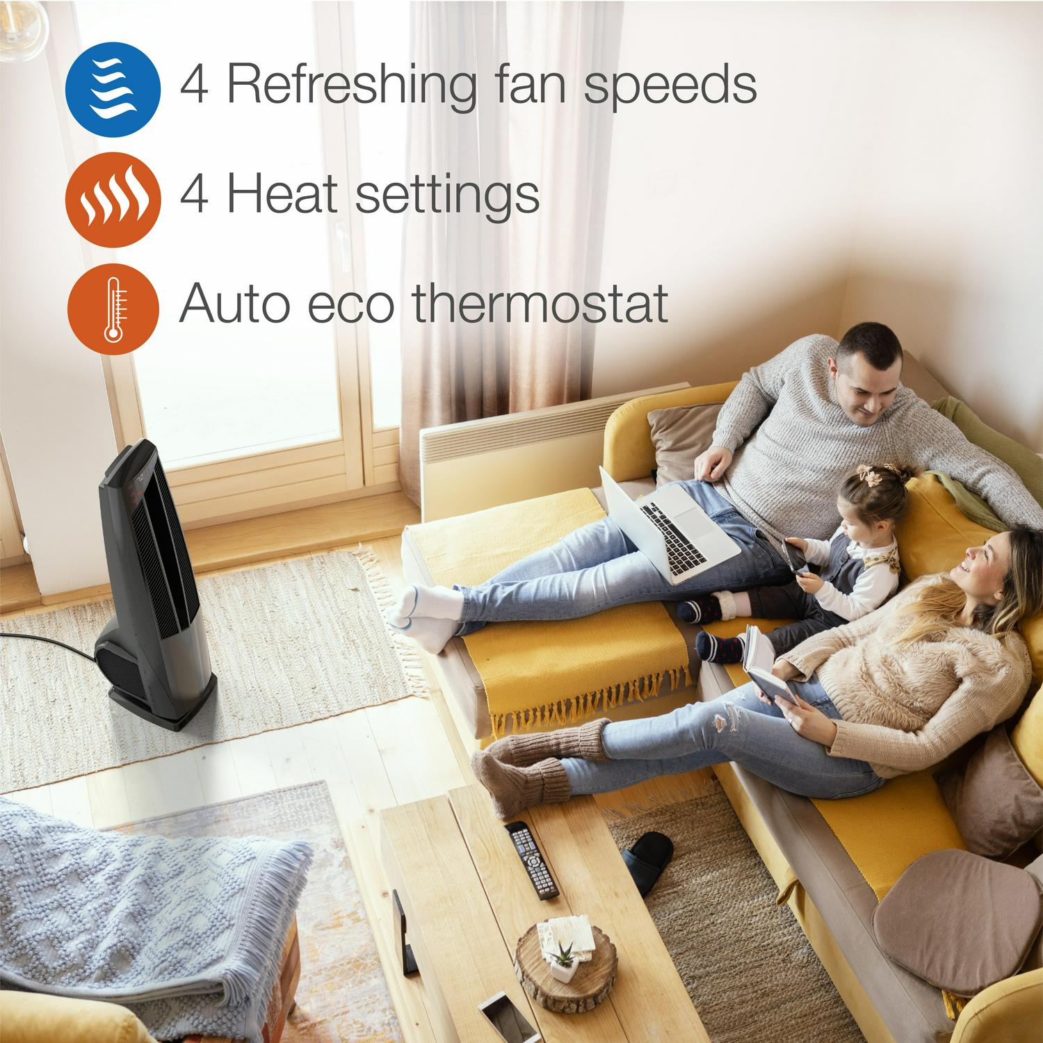 Lasko 1500W Oscillating All Season Electric Tower Fan and Space Heater with Remote， FHV801， Black