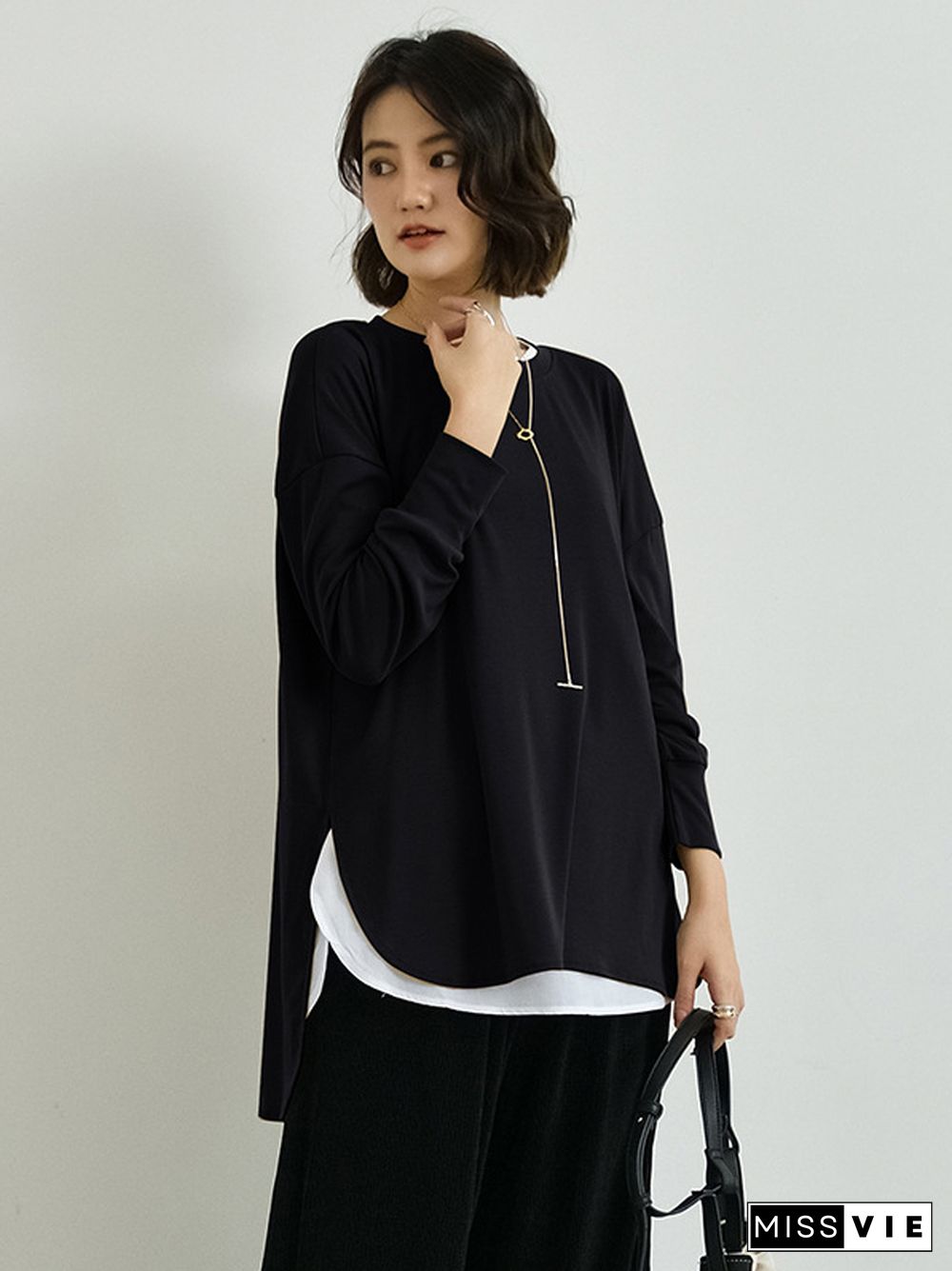 Simple Long Sleeves Loose Split-Side Solid Color Round-Neck T-Shirts Tops