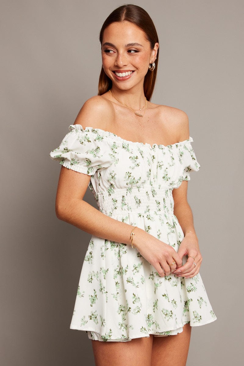 Green Floral Ruffle Playsuit Short Sleeve Ruched Bust
