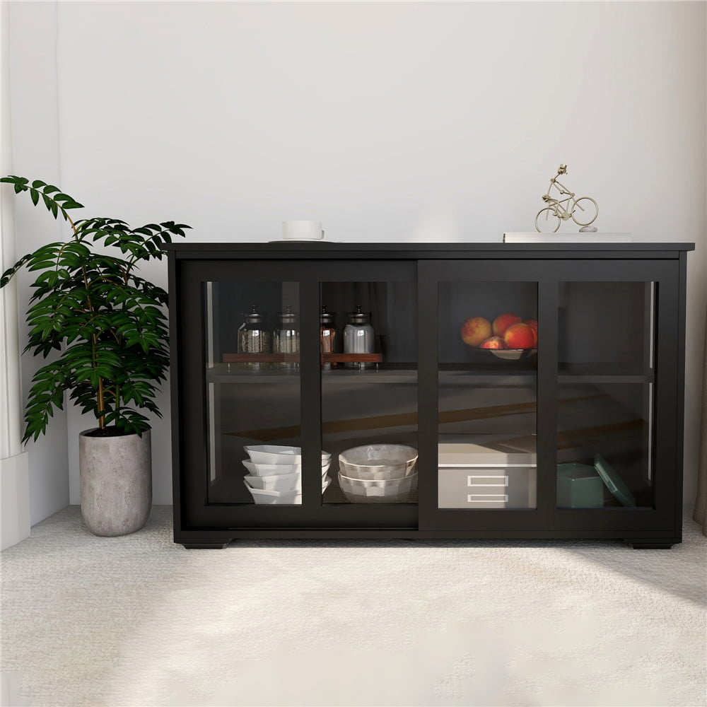 Visentor 42 Inch Kitchen Storage Cupboard, Dining Room Storage Cabinet with Glass Door, Sideboard Buffet Table, Black