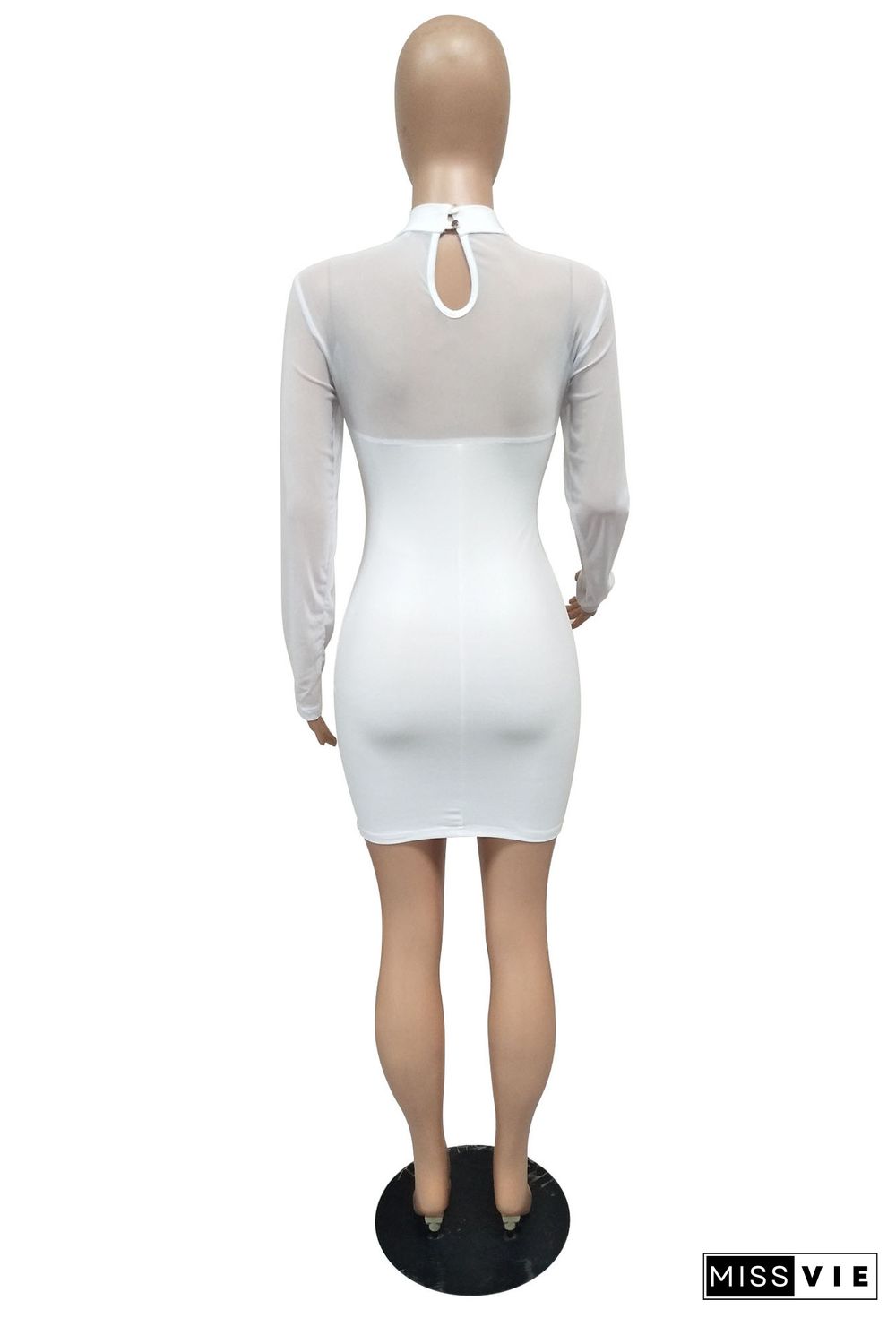 Elegant Mesh Gauze Stitching Long Sleeve Bag Hip Bodycon Dress