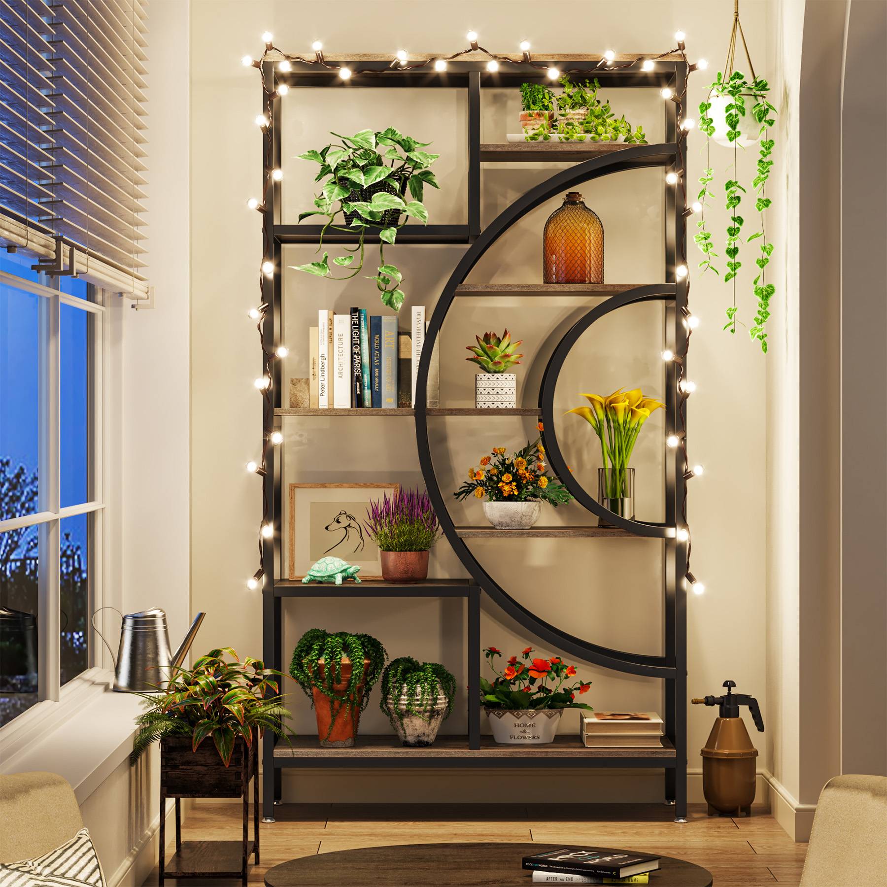 8-Tier Bookshelf, 71 Geometric Bookcase, Industrial Etagere Shelving Unit