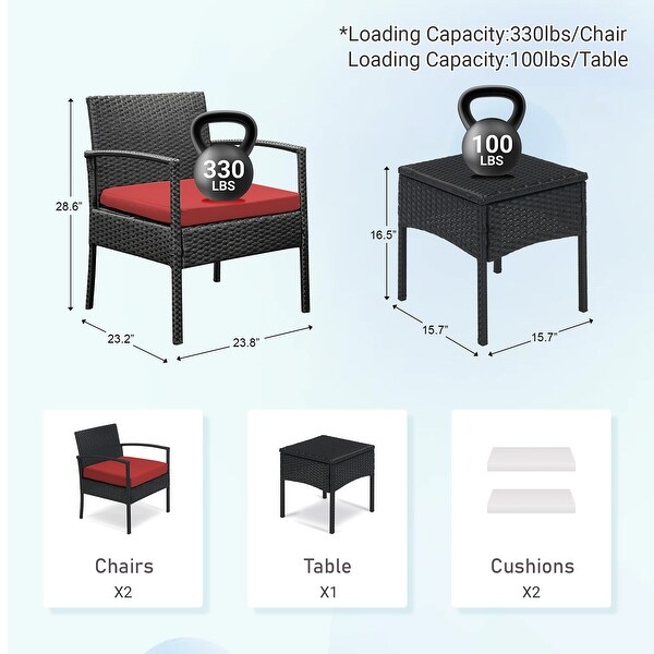 Outdoor Furniture 3 Piece Patio Bistro Furniture Set，Rattan Conversation Chairs Set with Side Table and Cushions