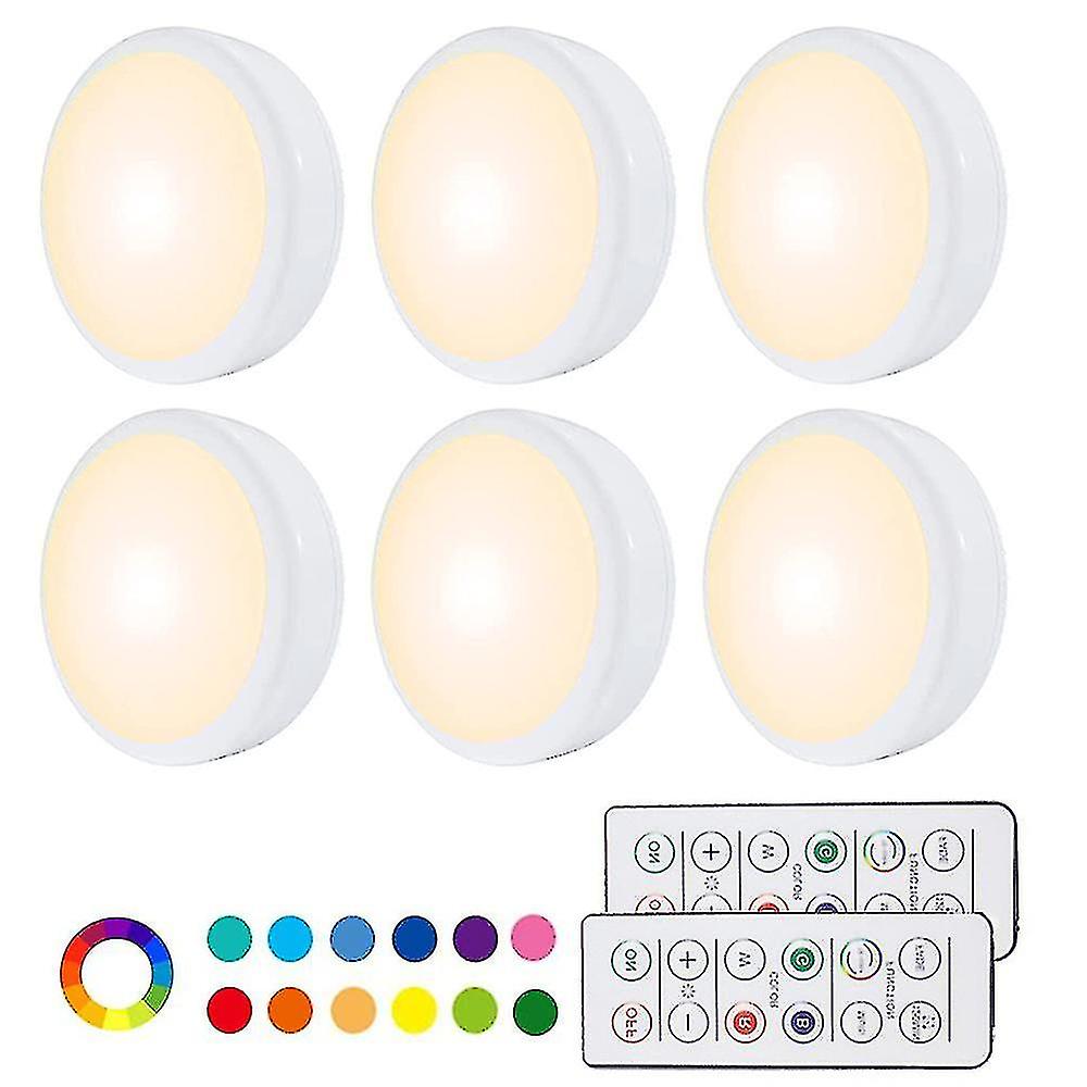 6pcs Night Light With 16 Colors Changeable Led Puck Lightings Battery Powered Dimmable Under Cabinet Lights Wireless， With 2 Remote Controls Timing