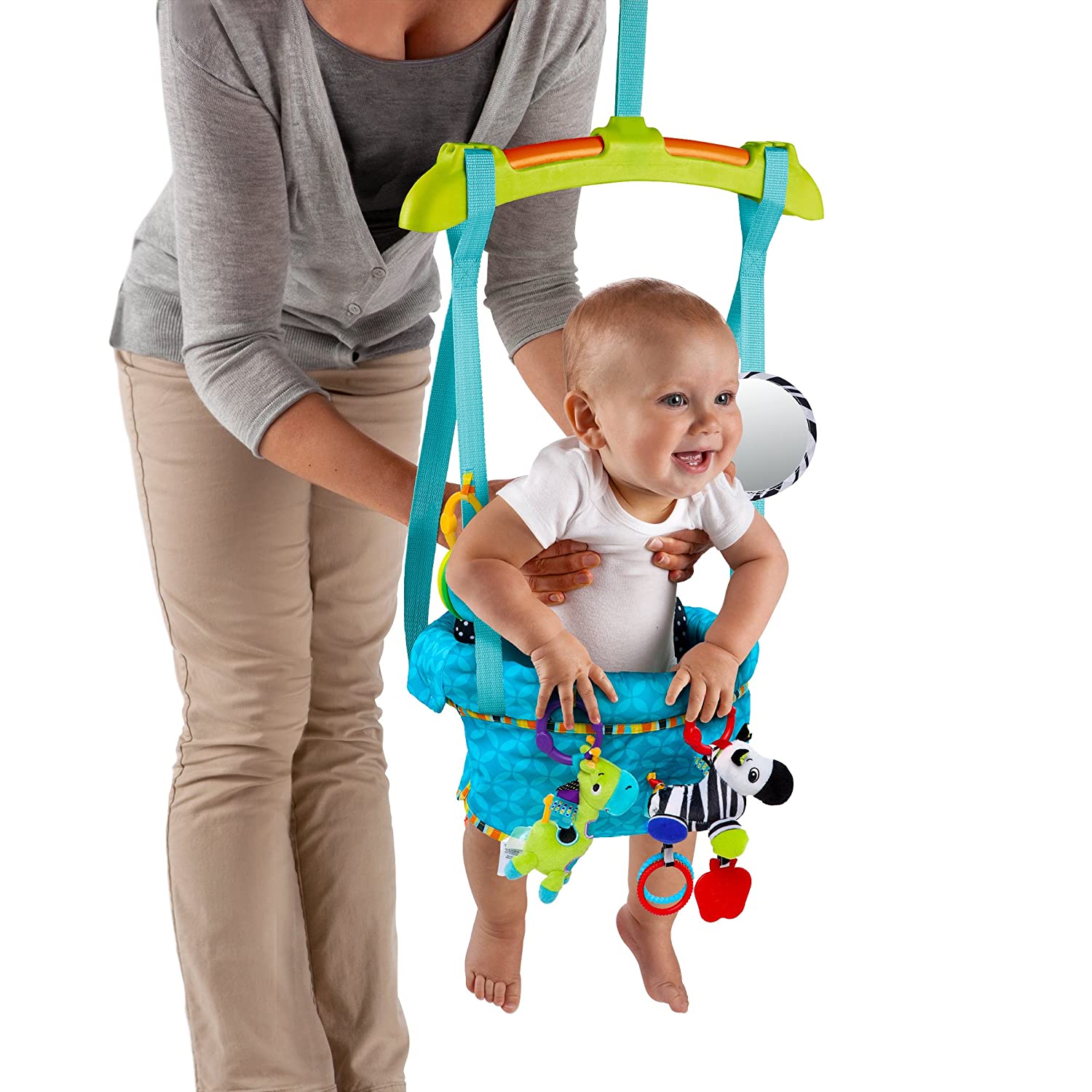 Bright Starts Bounce 'N Spring Deluxe Door Jumper with Take-Along Toys， Ages 6 months +， Blue