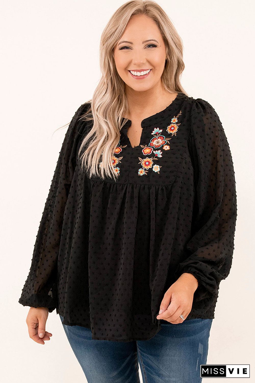 Black Embroidered Swiss Dot Texture Plus Size Blouse