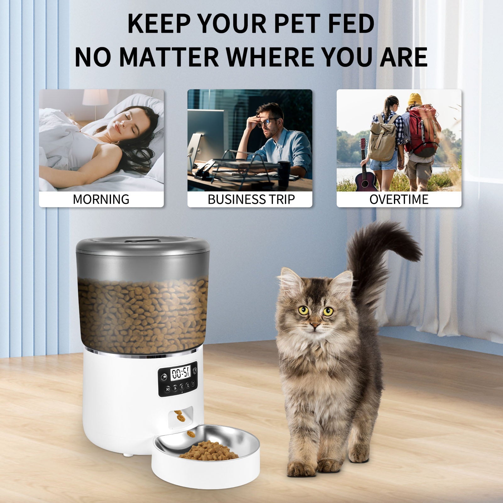 2BK Automatic Cat Feeder Pet Feeders 4L Stainless Steel Food Dispenser Programmable Time Control 4 Meals Battery and USB Power