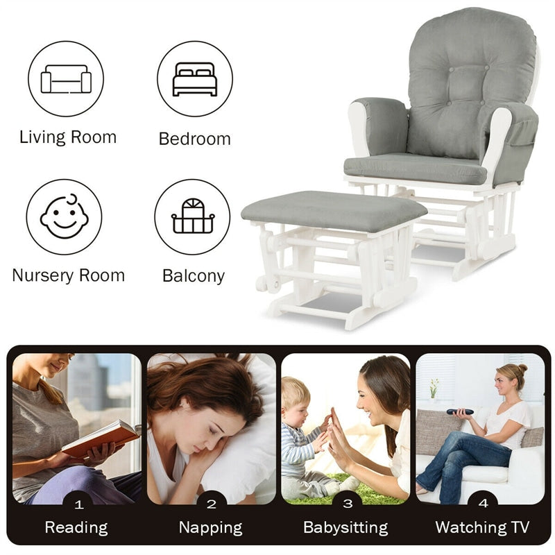 Wood Baby Glider Rocking Chair Nursery Chair with Gliding Ottoman & Storage Pocket