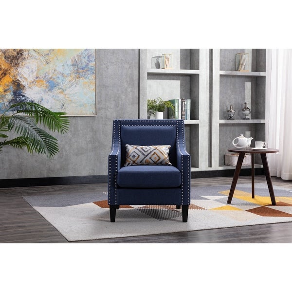 Modern Armchair Living Room Linen Fabric Padded Seat Accent Chair Removable Cushion Seat with Nailheads and Solid Wood Legs